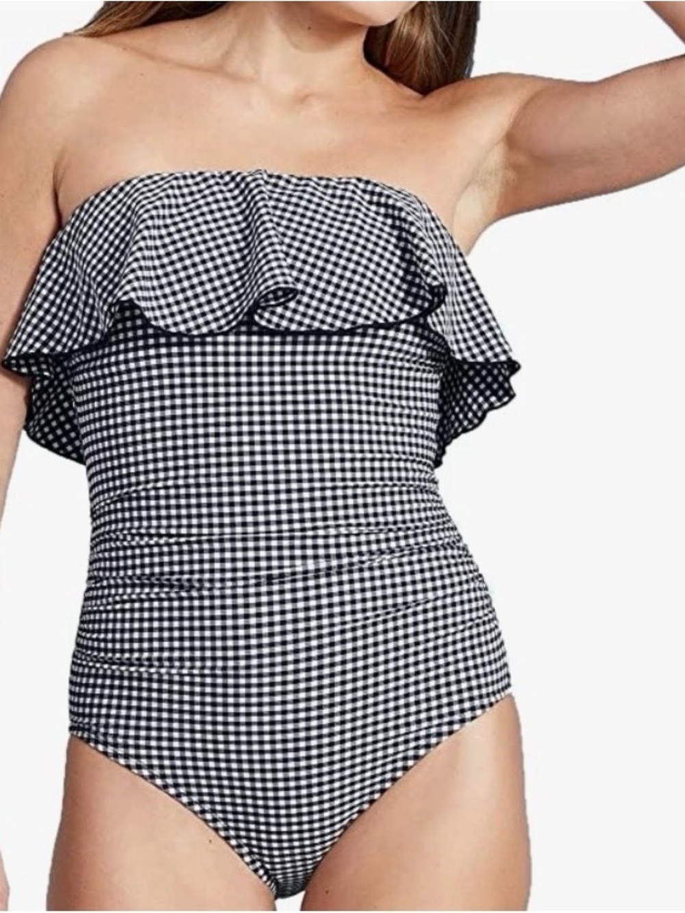 Strapless Ruffle Gingham One-Piece Swimsuit - Blue & White